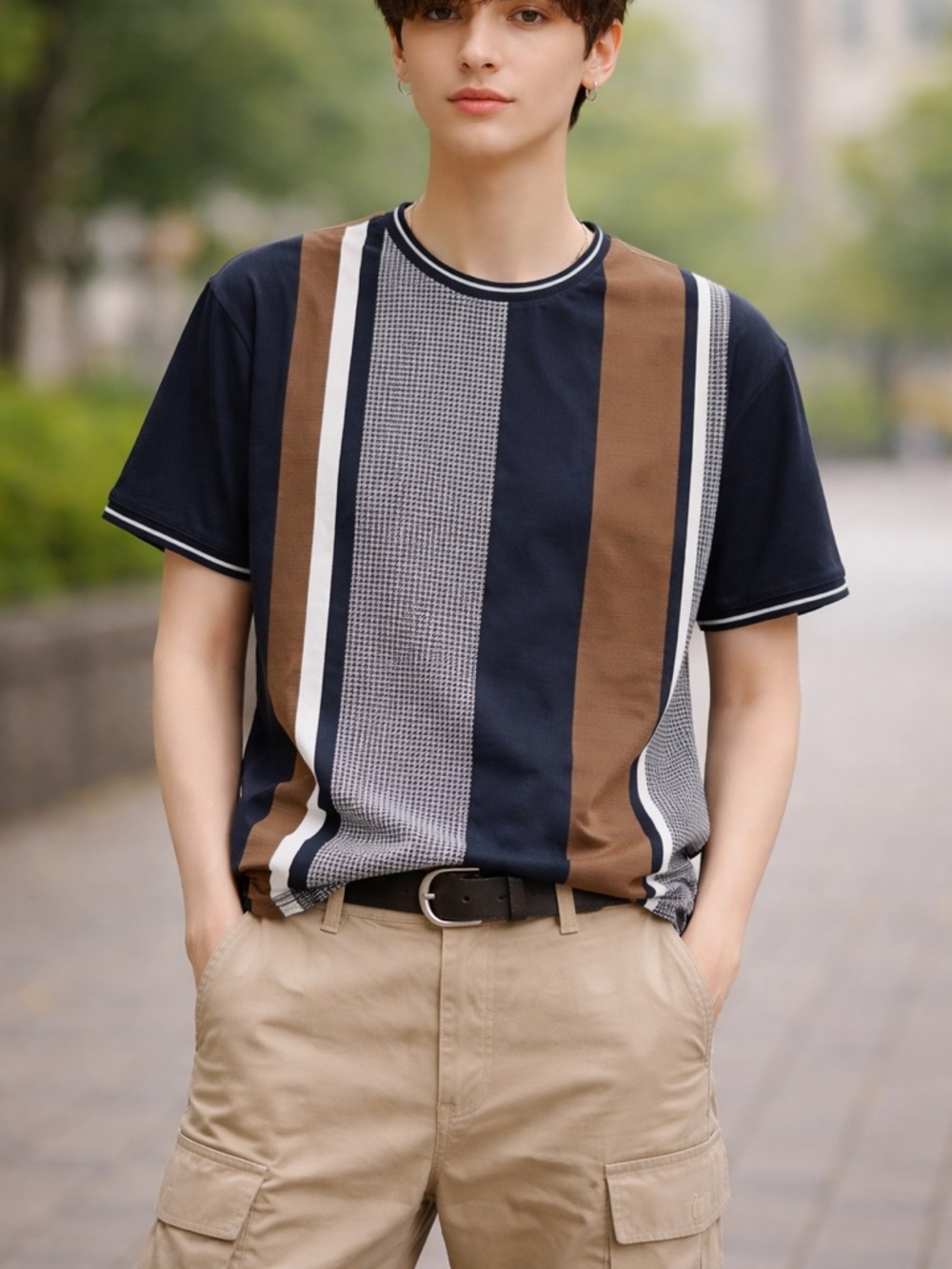 Denim & Flower Navy and Brown Vertical-Stripe Short Sleeve Tee